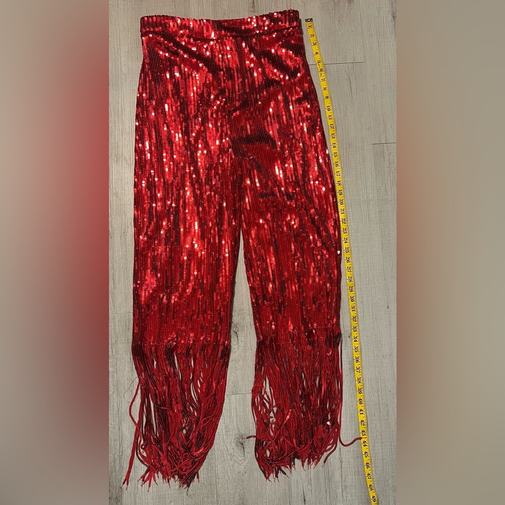 Red Sequin Fringe Pants